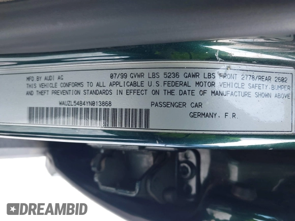 2000 Audi A6 z VIN WAUZL54B4YN013868, wystawiony jako IAAI lot #41314850 z przebiegiem 222 552 mil mil oraz . Historia ofert i sprzedaży dostępna na DreamBid. Obrazek 9.