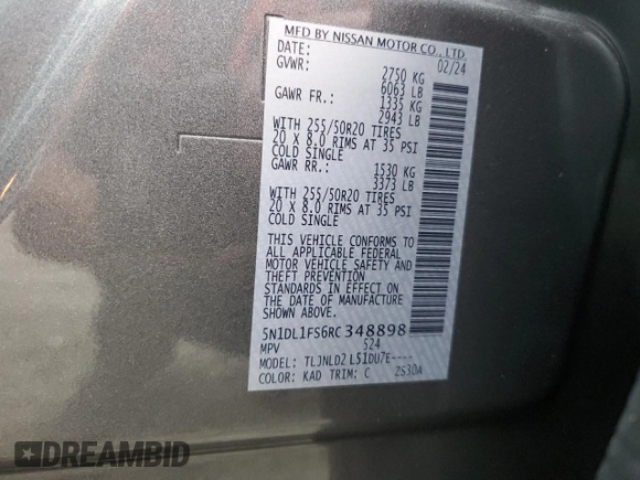 2024 Infiniti QX60 Luxe с VIN 5N1DL1FS6RC348898, выставлен на аукционе Copart как лот 42557015 с пробегом 9 910 миль миль и Списание • Salvage title. История ставок и продаж доступна на DreamBid. Изображение 14.