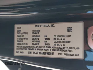 2025 Tesla Model 3 Long Range with VIN 5YJ3E1EA4SF987552, listed as a IAAI auction lot 41959743 with 187 mi miles and . Bid and sale history available at DreamBid. Image 9.