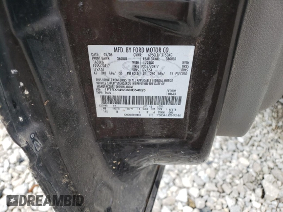 2006 Ford F-150 STX with VIN 1FTRX14W36NB54625, listed as a Copart auction lot 58221215 with 219,195 mi miles and Salvage title. Bid and sale history available at DreamBid. Image 12.