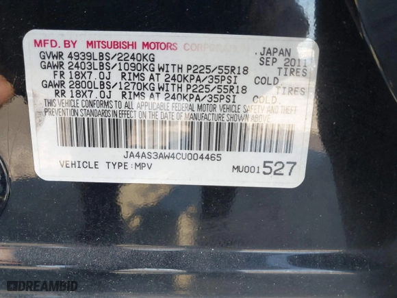 2012 Mitsubishi Outlander SE with VIN JA4AS3AW4CU004465, listed as a IAAI auction lot 41475001 with 173,736 mi miles. Bid and sale history available at carsss.com. Image 9.