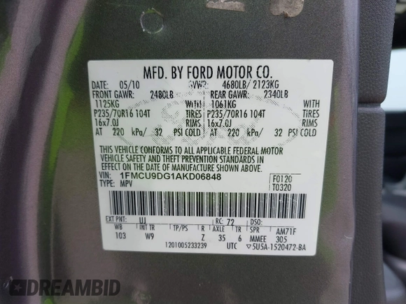 2010 Ford Escape XLT с VIN 1FMCU9DG1AKD06848, выставлен на аукционе IAAI как лот 42409555 с пробегом 310 043 миль миль и . История ставок и продаж доступна на DreamBid. Изображение 9.