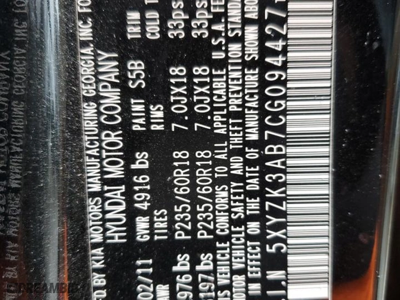 2012 Hyundai Santa Fe Limited with VIN 5XYZK3AB7CG094427, listed as a Copart auction lot 43976755 with 93,276 mi miles and Non Repairable. Bid and sale history available at carsss.com. Image 13.