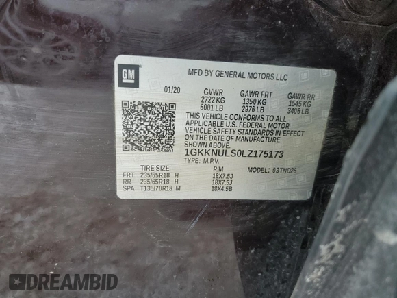 2020 GMC Acadia SLT with VIN 1GKKNULS0LZ175173, listed as a Copart auction lot 43454955 with 69,273 mi miles and Salvage title. Bid and sale history available at DreamBid. Image 14.