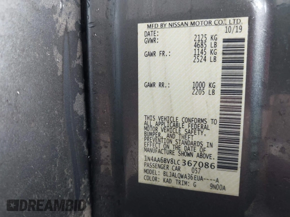 2020 Nissan Maxima S with VIN 1N4AA6BV8LC367086, listed as a IAAI auction lot 41941357 with 79,550 mi miles and . Bid and sale history available at DreamBid. Image 9.