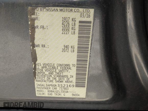2016 Nissan Altima 2.5 S with VIN 1N4AL3AP6GN352169, listed as a IAAI auction lot 42204580 with 170,162 mi miles. Bid and sale history available at carsss.com. Image 9.