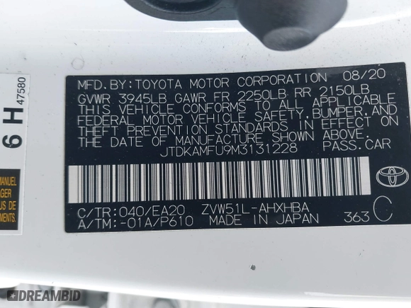 2021 Toyota Prius L Eco with VIN JTDKAMFU9M3131228, listed as a IAAI auction lot 41257117 with 72,840 mi miles. Bid and sale history available at carsss.com. Image 9.