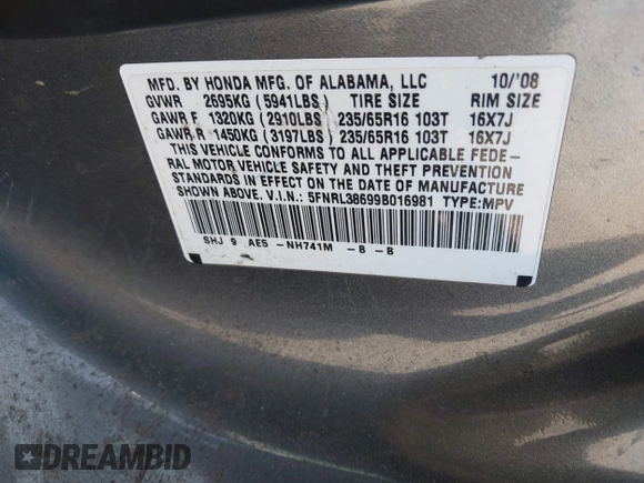 2009 Honda Odyssey EX-L with VIN 5FNRL38699B016981, listed as a IAAI auction lot 41950144 with Not Provided miles and . Bid and sale history available at DreamBid. Image 9.