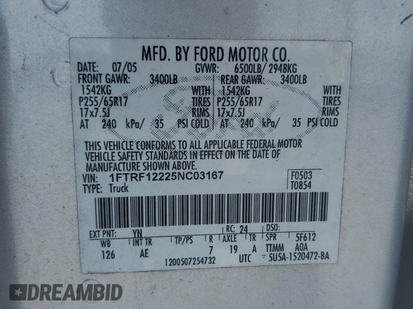 2005 Ford F-150 XL with VIN 1FTRF12225NC03167, listed as a Copart auction lot 61046445 with 153,050 mi miles and Salvage title. Bid and sale history available at DreamBid. Image 12.