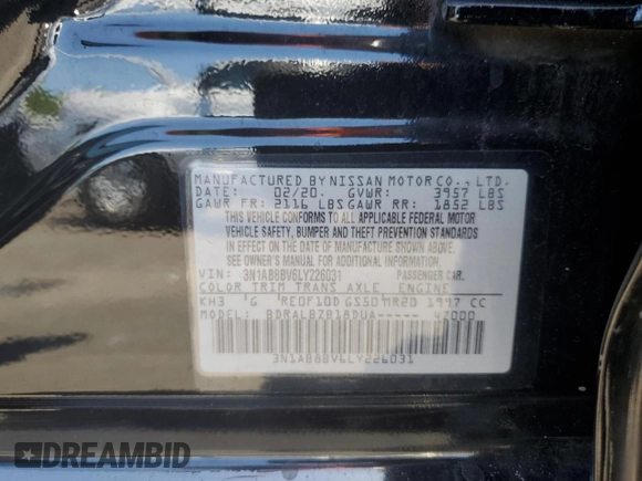 2020 Nissan Sentra S with VIN 3N1AB8BV6LY226031, listed as a Copart auction lot 55097185 with 27,795 mi miles and Clean Title. Bid and sale history available at carsss.com. Image 12.