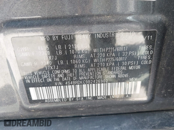 2011 Subaru Outback Limited Power Moon с VIN 4S4BRDKC9B2426902, выставлен на аукционе IAAI как лот 42431912 с пробегом 94 948 миль миль и . История ставок и продаж доступна на DreamBid. Изображение 9.