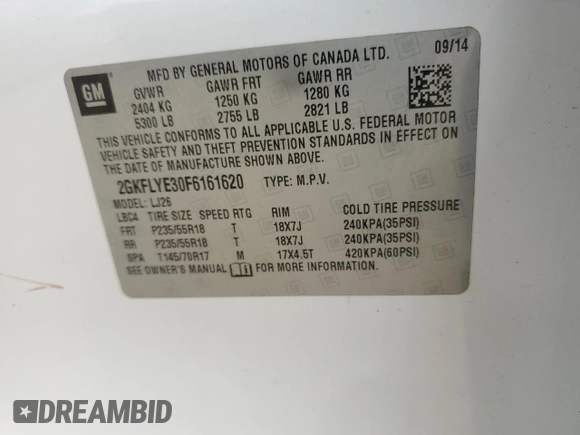 2015 GMC Terrain SLT with VIN 2GKFLYE30F6161620, listed as a Copart auction lot 47570405 with 195,243 mi miles and Clean Title. Bid and sale history available at DreamBid. Image 14.