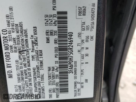 2016 Ford Fusion SE с VIN 3FA6P0H75GR246940, выставлен на аукционе Copart как лот 54318335 с пробегом 140 824 миль миль и Списание • Salvage title. История ставок и продаж доступна на DreamBid. Изображение 12.