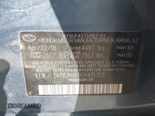 2016 Hyundai Sonata Sport with VIN 5NPE34AF0GH431703, listed as a IAAI auction lot 41930465 with 126,586 mi miles and . Bid and sale history available at DreamBid. Image 9.