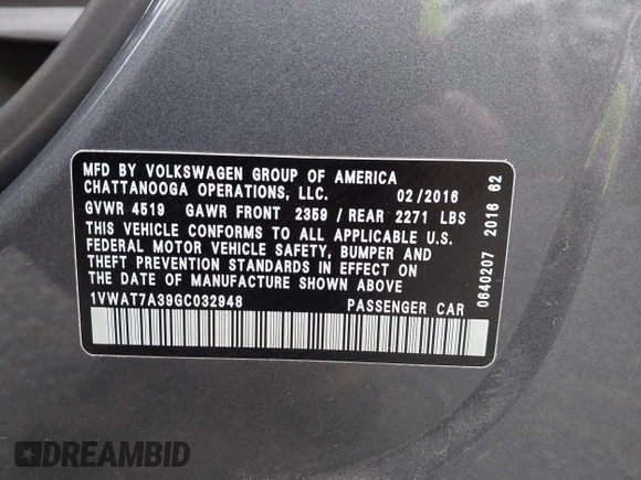 2016 Volkswagen Passat 1.8T S with VIN 1VWAT7A39GC032948, listed as a IAAI auction lot 42127599 with 177,407 mi miles. Bid and sale history available at carsss.com. Image 9.