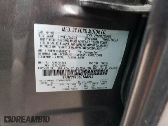 2006 Ford Five Hundred Limited with VIN 1FAHP28136G188218, listed as a Copart auction lot 86481974 with 0 mi miles and Salvage Title. Bid and sale history available at carsss.com. Image 14.