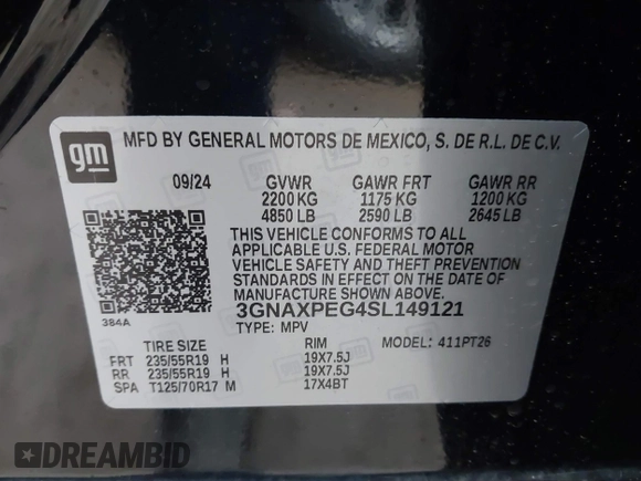 2025 Chevrolet Equinox AWD LT with VIN 3GNAXPEG4SL149121, listed as a IAAI auction lot 41804030 with 1 mi miles. Bid and sale history available at carsss.com. Image 9.