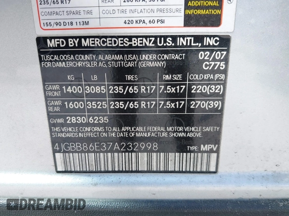 2007 Mercedes-Benz M 350 with VIN 4JGBB86E37A232998, listed as a IAAI auction lot 41750068 with 150,124 mi miles and . Bid and sale history available at DreamBid. Image 9.