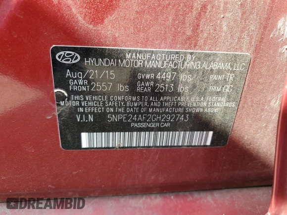 2016 Hyundai Sonata 2.4L with VIN 5NPE24AF2GH292743, listed as a Copart auction lot 52705145 with 41,948 mi miles and Salvage Title. Bid and sale history available at carsss.com. Image 12.