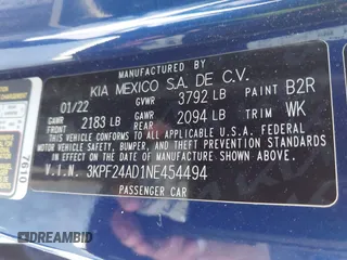 2022 Kia Forte LXS z VIN 3KPF24AD1NE454494, wystawiony jako IAAI lot #42077580 z przebiegiem 53 679 mil mil oraz . Historia ofert i sprzedaży dostępna na DreamBid. Obrazek 9.