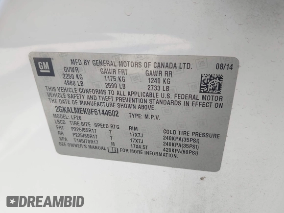 2015 GMC Terrain SLE z VIN 2GKALMEK9F6144602, wystawiony jako IAAI lot #41964647 z przebiegiem 157 789 mil mil oraz . Historia ofert i sprzedaży dostępna na DreamBid. Obrazek 8.
