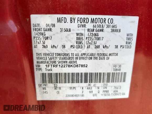 2008 Ford F-150 XL with VIN 1FTRF12278KD87852, listed as a Copart auction lot 61668715 with 172,831 mi miles and Clean title. Bid and sale history available at DreamBid. Image 12.