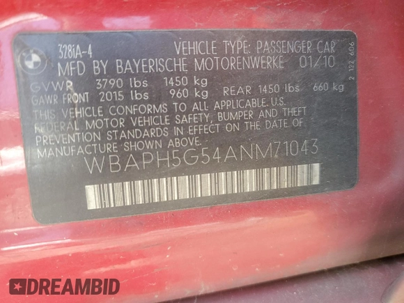 2010 BMW 3 Series 328i with VIN WBAPH5G54ANM71043, listed as a Copart auction lot 55296055 with Not Provided miles and Clean Title. Bid and sale history available at DreamBid. Image 12.