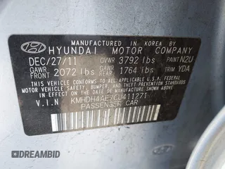 2012 Hyundai Elantra Limited with VIN KMHDH4AE7CU411271, listed as a IAAI auction lot 41840773 with 93,602 mi miles. Bid and sale history available at carsss.com. Image 9.
