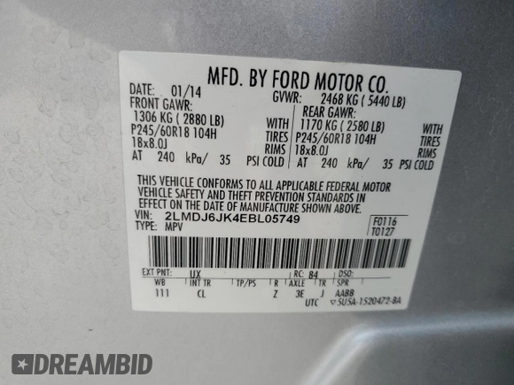 2014 Lincoln MKX with VIN 2LMDJ6JK4EBL05749, listed as a Copart auction lot 61123624 with 172,912 mi miles and Salvage Title. Bid and sale history available at carsss.com. Image 13.