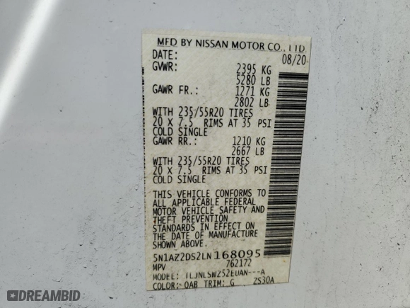 2020 Nissan Murano Platinum with VIN 5N1AZ2DS2LN168095, listed as a Copart auction lot 51231015 with 64,396 mi miles and Salvage Title. Bid and sale history available at carsss.com. Image 16.