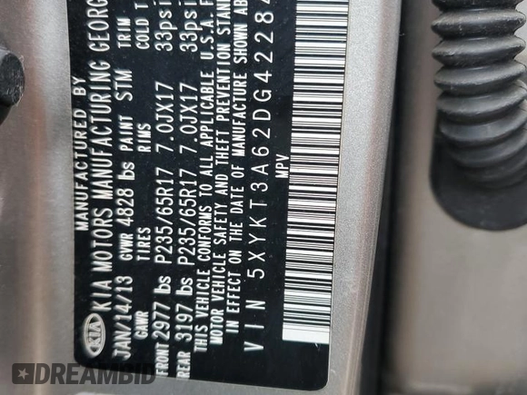 2013 Kia Sorento LX with VIN 5XYKT3A62DG422842, listed as a Copart auction lot 51766765 with 61,940 mi miles and Salvage Title. Bid and sale history available at carsss.com. Image 13.