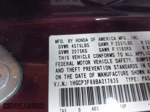 2011 Honda Accord EX-L with VIN 1HGCP3F88BA017635, listed as a IAAI auction lot 42560130 with 269,320 mi miles and . Bid and sale history available at DreamBid. Image 9.
