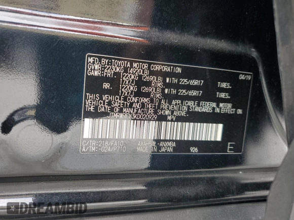 2019 Toyota RAV4 Hybrid XLE with VIN JTMRWRFV3KD020929, listed as a Copart auction lot 51827345 with 79,991 mi miles and Non Repairable. Bid and sale history available at carsss.com. Image 15.