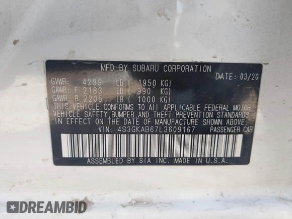 2020 Subaru Impreza with VIN 4S3GKAB67L3609167, listed as a IAAI auction lot 41488542 with 82,418 mi miles and . Bid and sale history available at DreamBid. Image 9.