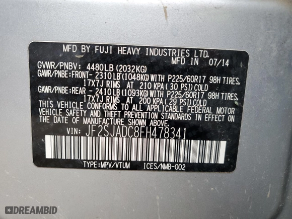 2015 Subaru Forester 2.5i Premium with VIN JF2SJADC8FH478341, listed as a Copart auction lot 65296462 with 136,855 mi miles and Salvage Title. Bid and sale history available at carsss.com. Image 10.