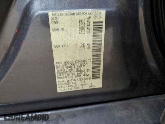 2015 Nissan Altima 2.5 SL with VIN 1N4AL3AP7FN337498, listed as a Copart auction lot 51134005 with 150,382 mi miles and Salvage Title. Bid and sale history available at carsss.com. Image 14.