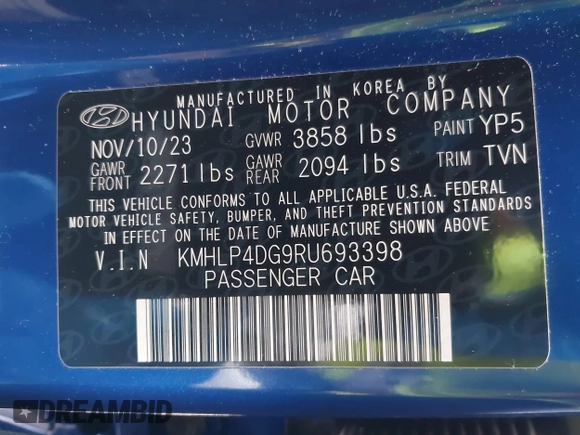 2024 Hyundai Elantra Limited with VIN KMHLP4DG9RU693398, listed as a IAAI auction lot 42081534 with 4,997 mi miles and . Bid and sale history available at carsss.com. Image 9.