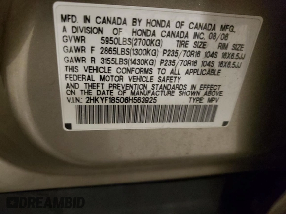 2006 Honda Pilot EX-L with VIN 2HKYF18506H563925, listed as a Copart auction lot 54539435 with 199,442 mi miles and Salvage Title. Bid and sale history available at DreamBid. Image 13.