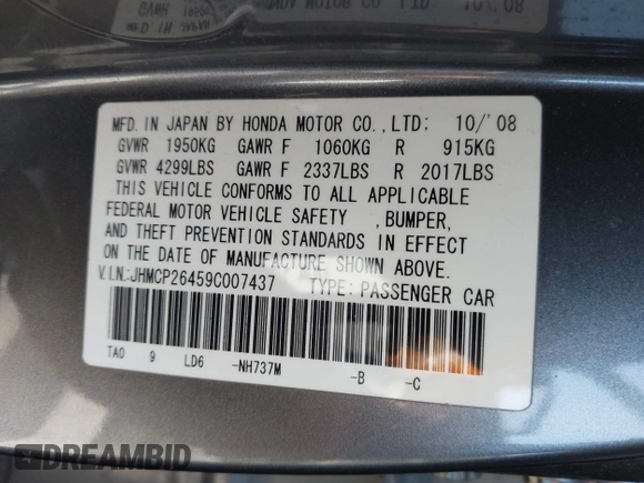2009 Honda Accord LX-P with VIN JHMCP26459C007437, listed as a IAAI auction lot 41896268 with 221,522 mi miles and . Bid and sale history available at DreamBid. Image 9.
