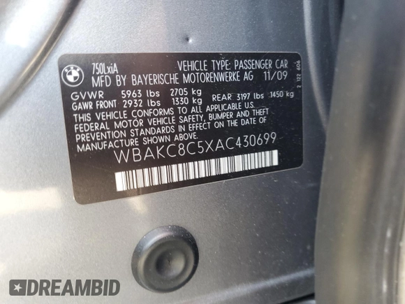 2010 BMW 7 Series 750Li xDrive with VIN WBAKC8C5XAC430699, listed as a Copart auction lot 59539825 with Not provided miles and Salvage title. Bid and sale history available at DreamBid. Image 13.