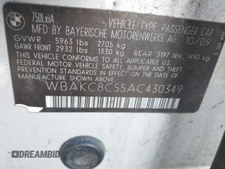 2010 BMW 7 Series 750Li xDrive with VIN WBAKC8C55AC430349, listed as a IAAI auction lot 41004254 with 153,747 mi miles and . Bid and sale history available at DreamBid. Image 9.