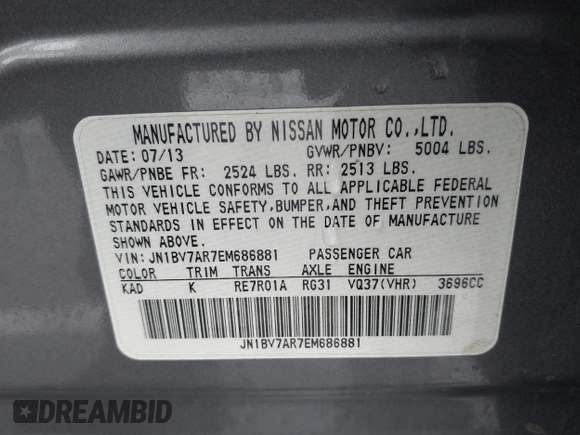 2014 Infiniti Q50 Premium with VIN JN1BV7AR7EM686881, listed as a IAAI auction lot 41812109 with 161,994 mi miles. Bid and sale history available at carsss.com. Image 9.