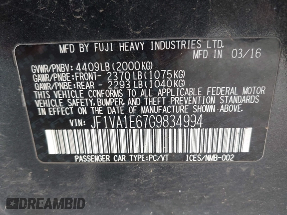 2016 Subaru WRX Premium with VIN JF1VA1E67G9834994, listed as a IAAI auction lot 41158411 with 94,033 mi miles. Bid and sale history available at carsss.com. Image 9.