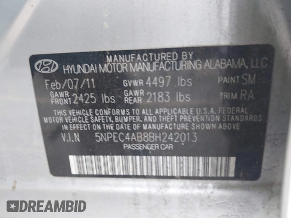 2011 Hyundai Sonata Limited with VIN 5NPEC4AB8BH242013, listed as a IAAI auction lot 41993424 with 120,913 mi miles and . Bid and sale history available at DreamBid. Image 9.