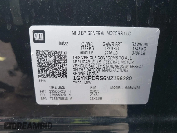 2022 Cadillac XT6 Premium Luxury with VIN 1GYKPDRS6NZ156380, listed as a IAAI auction lot 42542067 with 42,563 mi miles and . Bid and sale history available at DreamBid. Image 9.