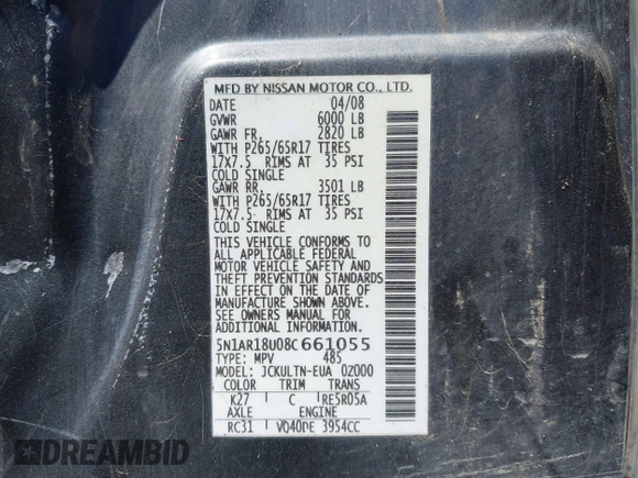 2008 Nissan Pathfinder LE z VIN 5N1AR18U08C661055, wystawiony jako IAAI lot #42792867 z przebiegiem 386 235 mil mil oraz . Historia ofert i sprzedaży dostępna na DreamBid. Obrazek 9.