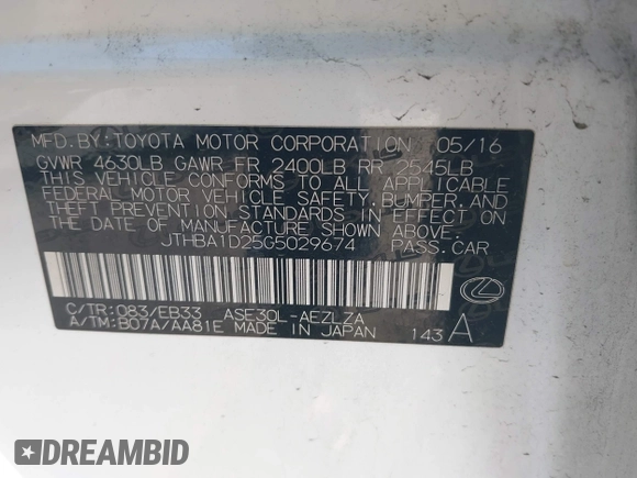 2016 Lexus IS 200t with VIN JTHBA1D25G5029674, listed as a IAAI auction lot 42513727 with Not provided miles and . Bid and sale history available at DreamBid. Image 9.