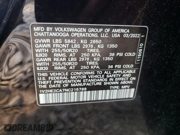 2022 Volkswagen Atlas SE with VIN 1V2HE2CA7NC215769, listed as a Copart auction lot 60394425 with Not provided miles and Salvage title. Bid and sale history available at DreamBid. Image 13.