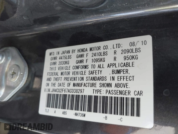 2010 Acura TSX with VIN JH4CU2F67AC038297, listed as a IAAI auction lot 41844587 with 136,741 mi miles and . Bid and sale history available at DreamBid. Image 9.