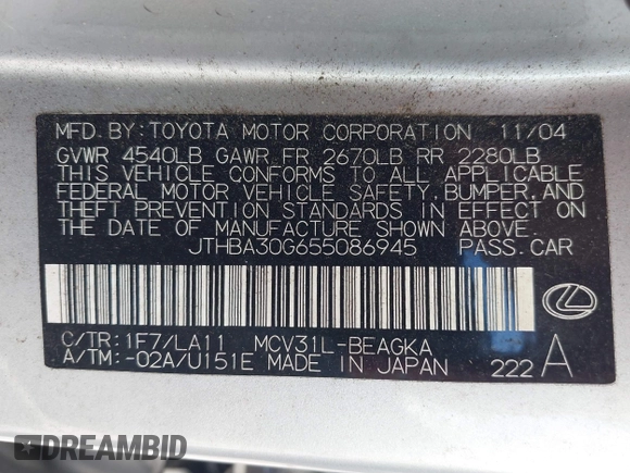 2005 Lexus ES 350 with VIN JTHBA30G655086945, listed as a IAAI auction lot 42563974 with 126,607 mi miles and . Bid and sale history available at DreamBid. Image 9.
